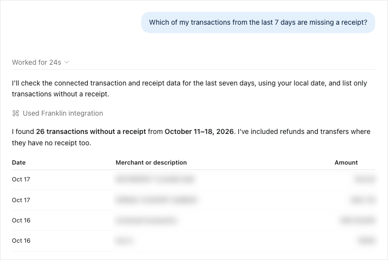ChatGPT desktop app answering which transactions are missing a receipt, using the Franklin integration