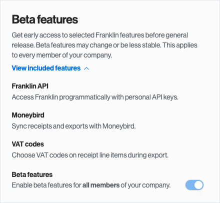 Franklin Settings, Beta features card with the switch turned on