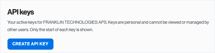 Franklin Settings, API keys card with the Create API key button