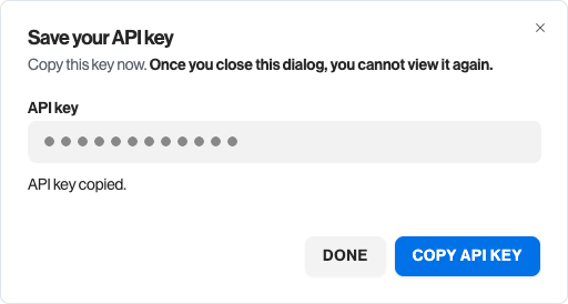 Save your API key dialog with the key hidden