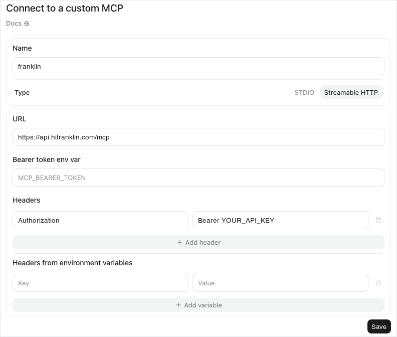 Connect to a custom MCP form in the ChatGPT desktop app filled in with the Franklin name, URL and Authorization header