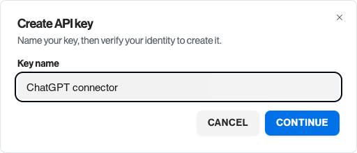 Create API key dialog with a key name