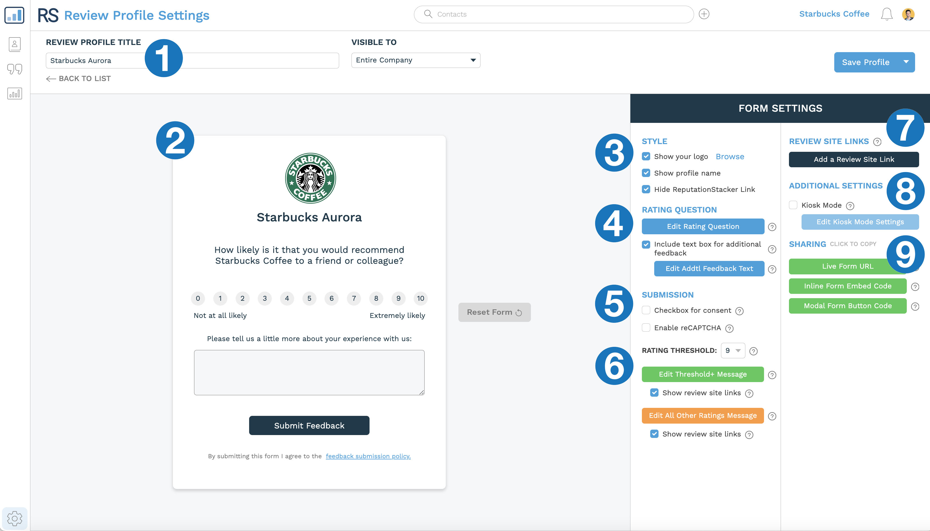 Parts of the rating and feedback form