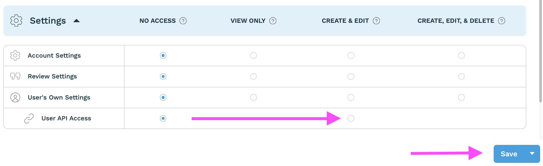 User API Access Permission Setting
